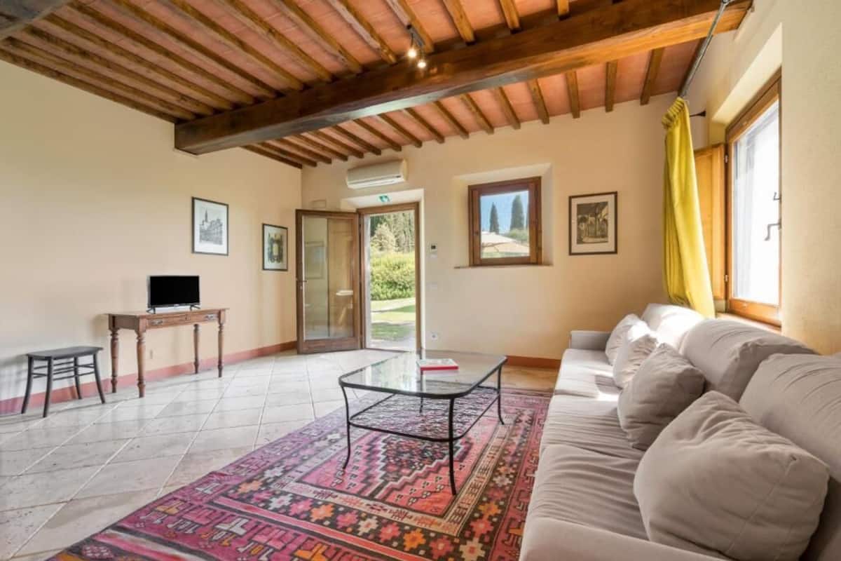 A spacious living room with a sofa, a glass coffee table, a TV on a wooden stand, and a patterned rug.
