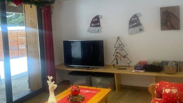 A living room with a television, a small Christmas tree, and holiday decorations. - Family cocoon for nature lovers overlooking the forest. (Occitanie)