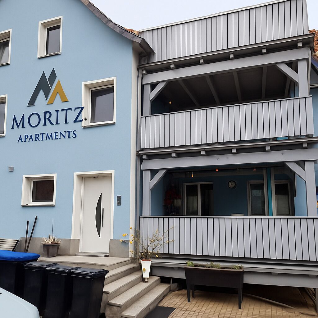A multi-story building with a blue facade and a sign reading "MORITZ APARTMENTS".