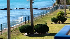 A coastal view with a fence, palm trees, and a clear blue sea. - Arkadia Beach apartment (Mijas)
