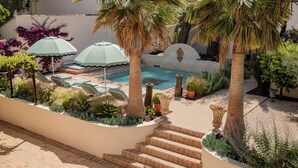 A pool area with steps leading down to the water, surrounded by palm trees and various plants. - MAISON DOMINOS Villa Pâquerette avec Piscine, Marseille (Marseille)