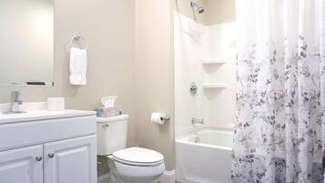 Shower, hair dryer, shampoo