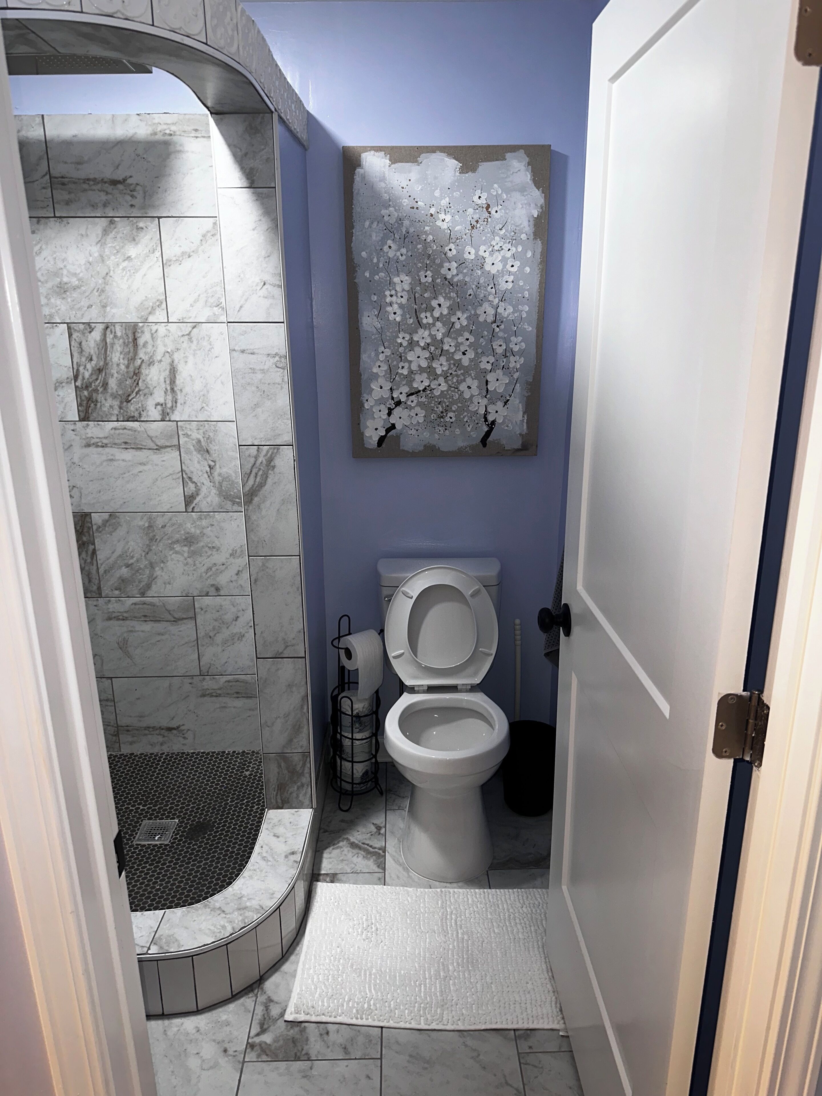 A bathroom with a shower, toilet, and a painting on the wall.