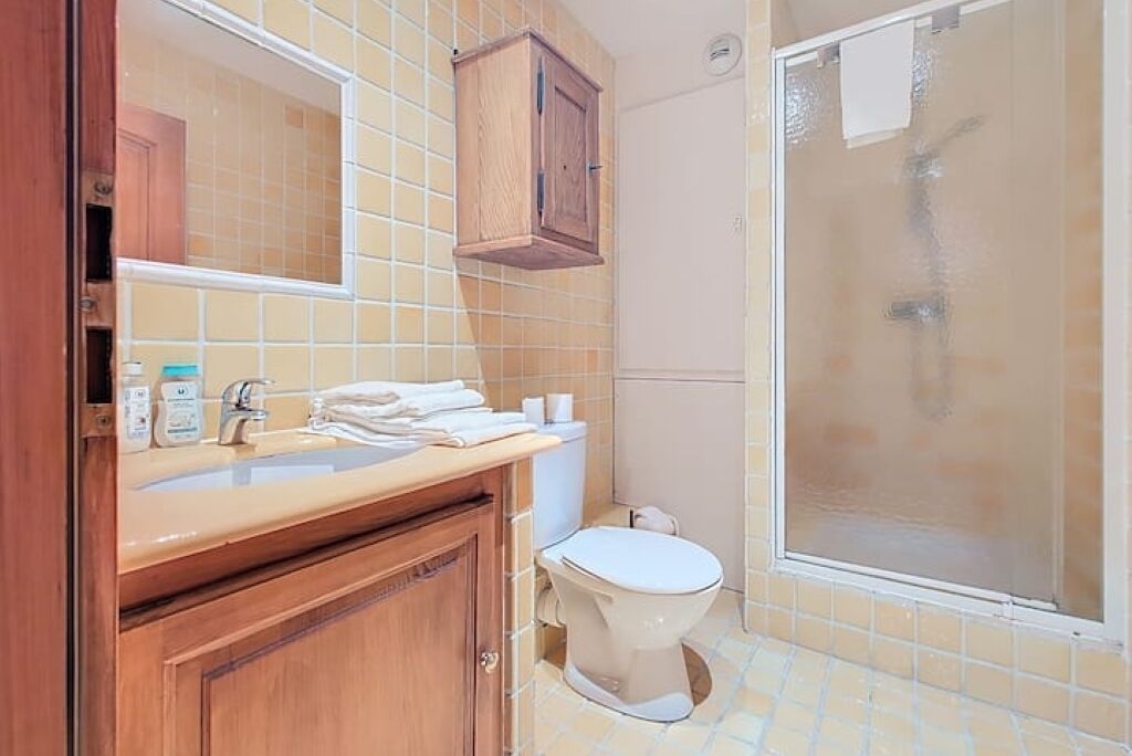 Douche, sèche-cheveux, serviettes fournies, savon