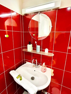 Ducha, secador de pelo, toallas, jabón