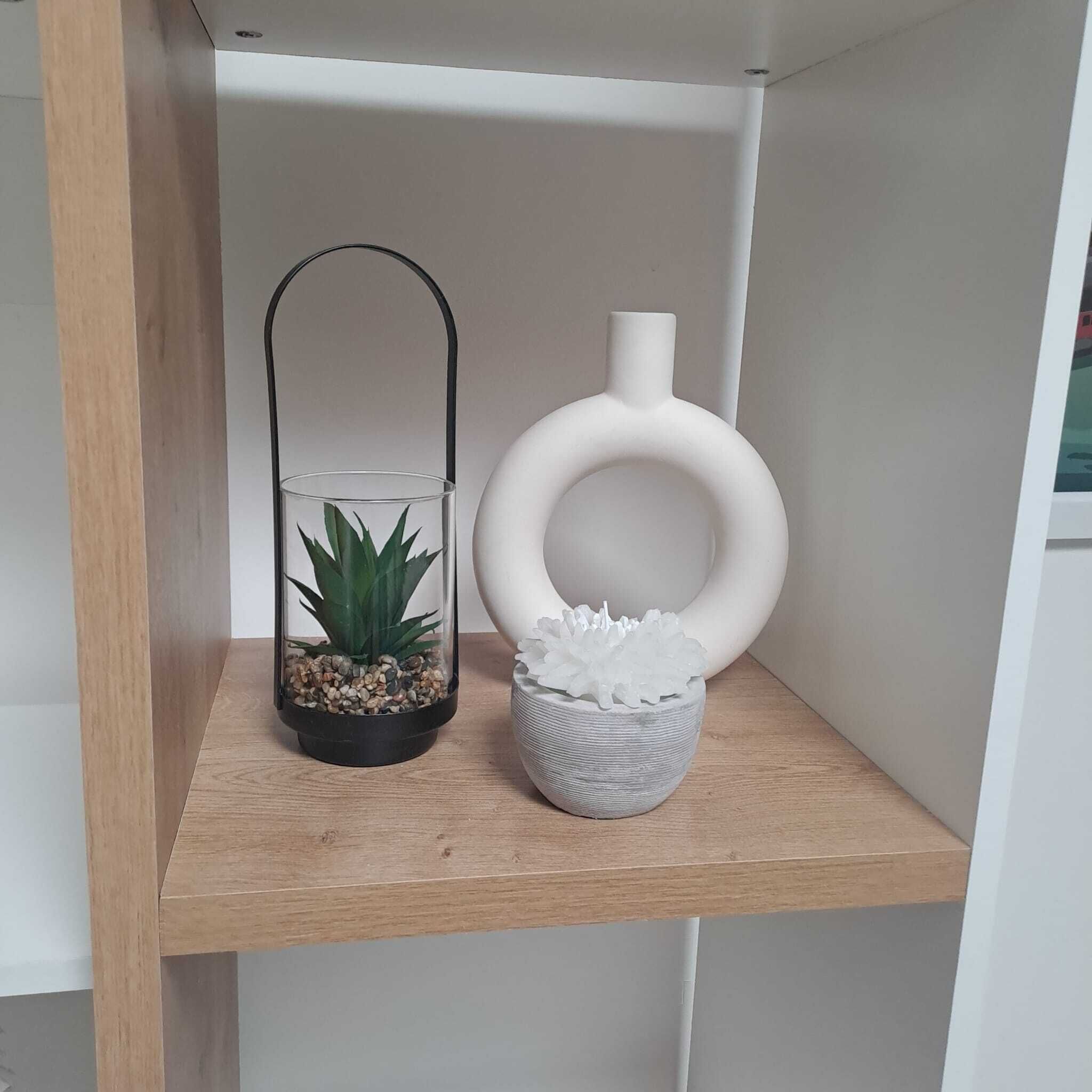 A shelf with a glass terrarium and a white vase with a circular design.