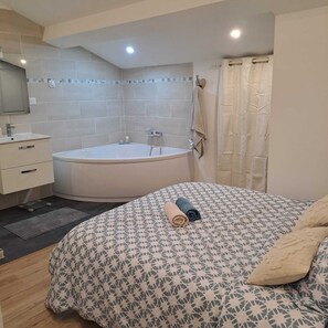 Hair dryer, towels, toilet paper
