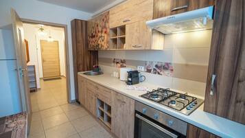 Full-sized fridge, oven, stovetop, cookware/dishes/utensils