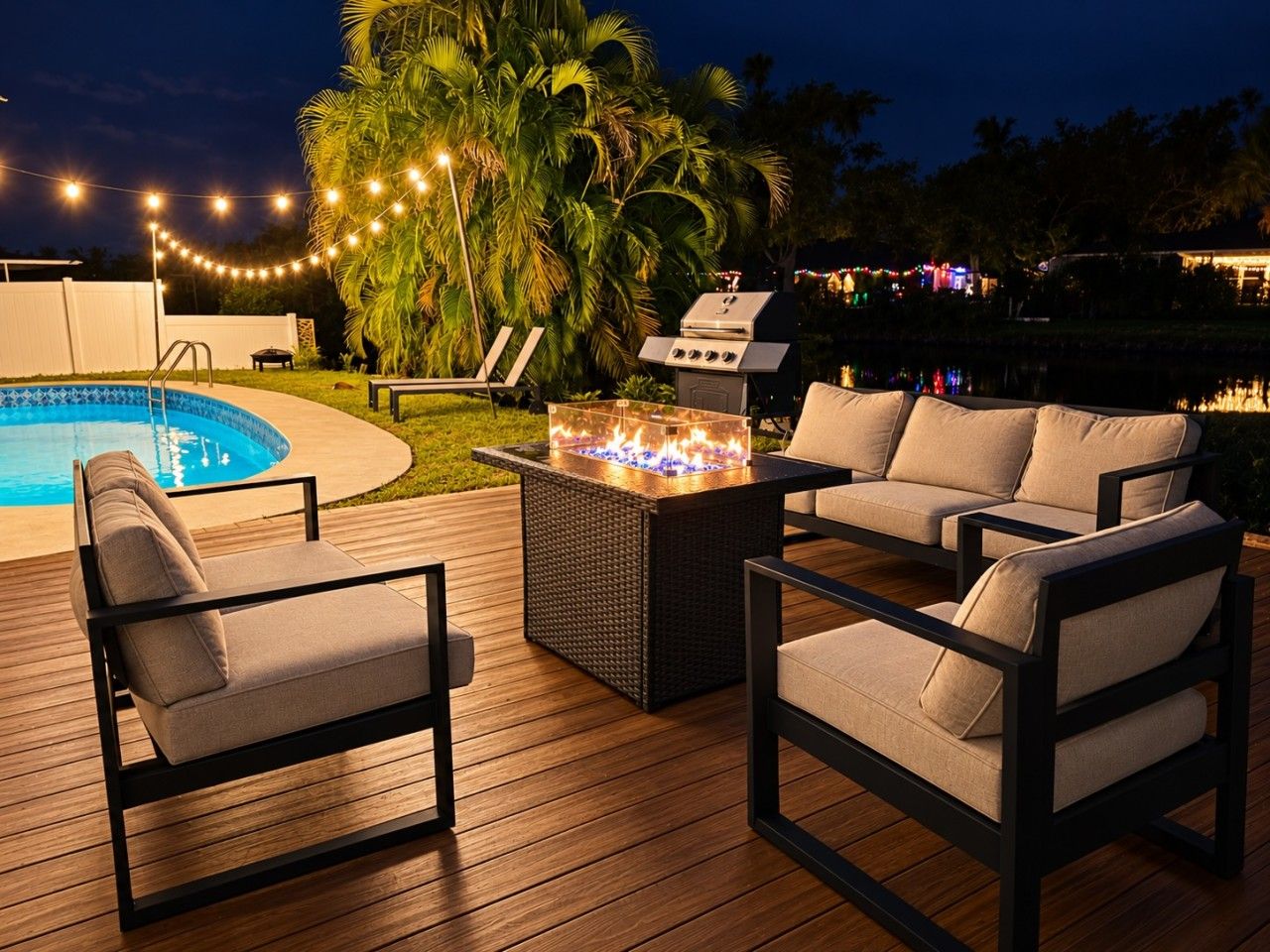An outdoor deck with a pool, lounge chairs, a fire pit, and a grill area.