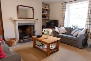 Televisión, chimenea, reproductor de DVD y estéreo