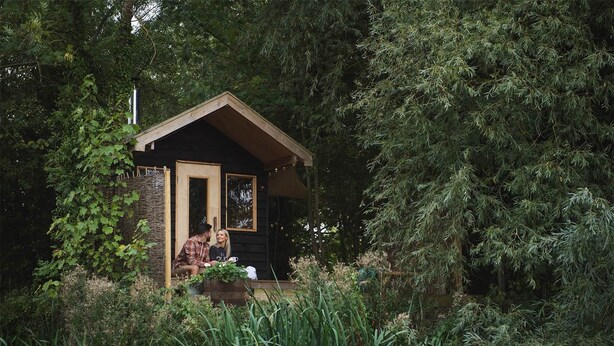 A small cabin with a wooden exterior, a door, and windows, surrounded by dense greenery.
