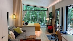 A modern interior with a sofa, a small table, a chair, and a bed. - Riverside Studio | Trails, Views, Firepit, Hammock (Elon)