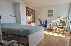 Een bureau, een strijkplank/strijkijzer, wifi