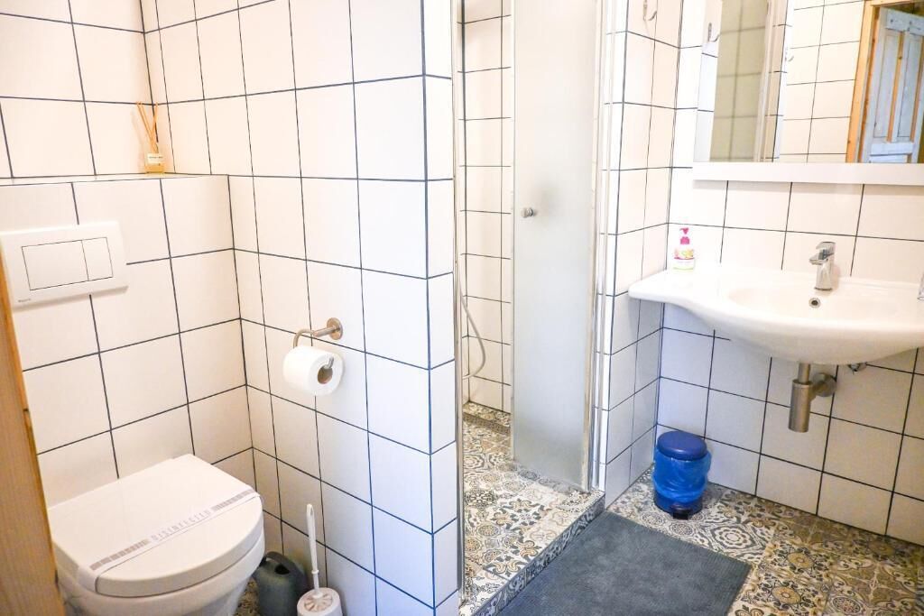 Familie appartement, kitchenette, uitzicht op tuin | Badkamer | Een douche, een haardroger, handdoeken, zeep