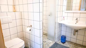 Familie appartement, kitchenette, uitzicht op tuin | Badkamer | Een douche, een haardroger, handdoeken, zeep