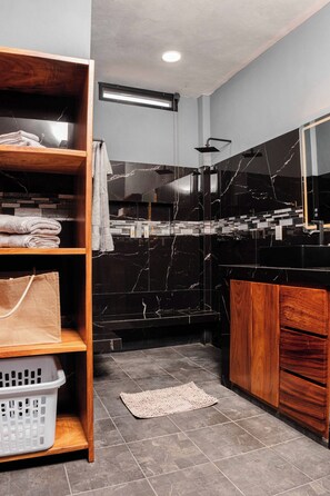Shower, hair dryer, towels, soap