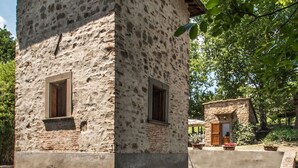 Um edifício de pedra com duas janelas e uma porta pequena, rodeado por vegetação e um elemento aquático.