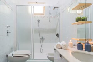 Hair dryer, towels, soap, toilet paper