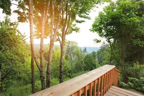 A wooden deck overlooking a forested area with trees and a distant view of mountains.