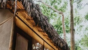 A wooden cabin with a thatched roof, large windows, and a wooden staircase leading to the entrance. - Ecoaraguaia Jungle Lodge (Caseara)