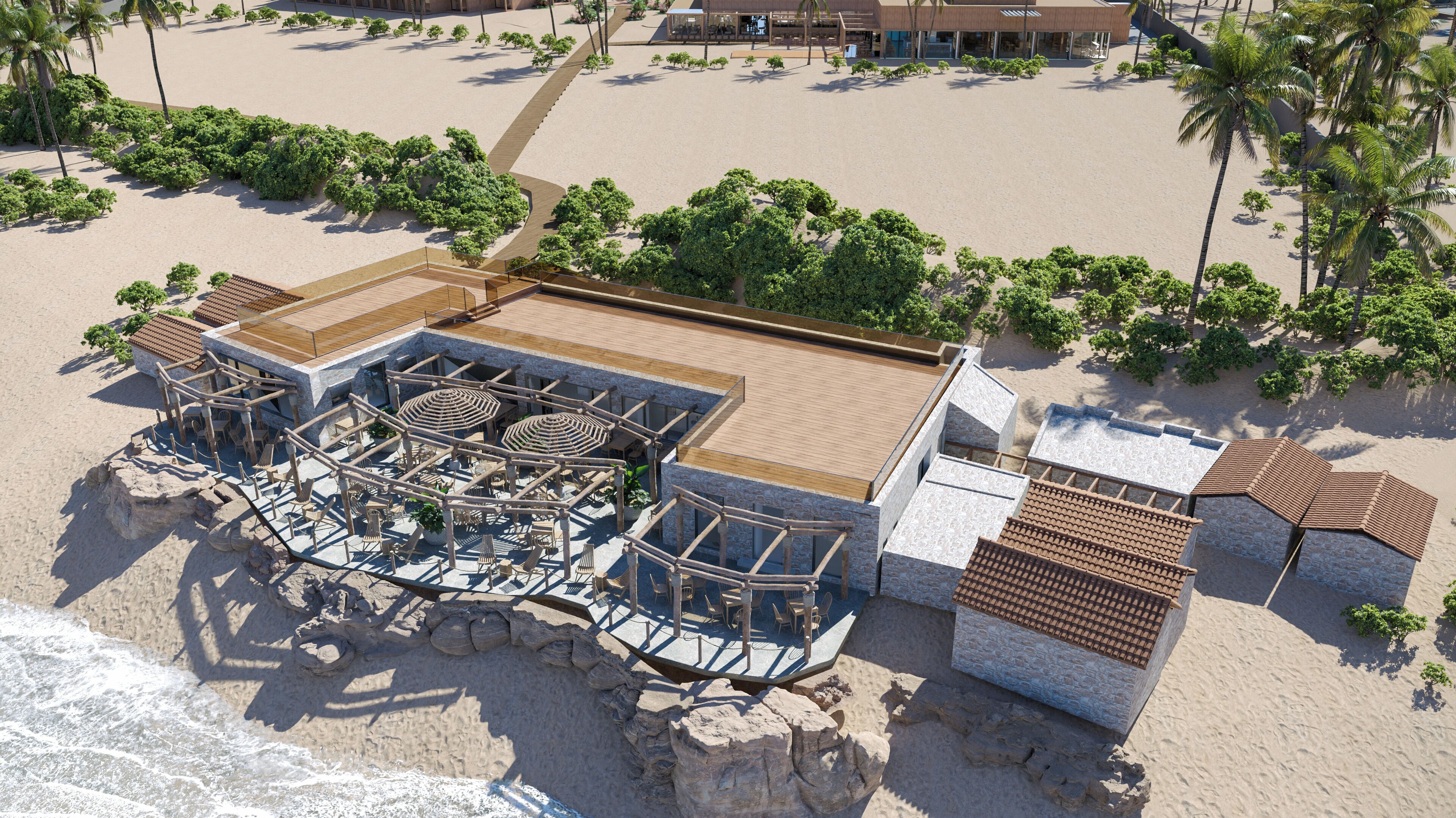 On the beach, white sand, beach towels, beach bar