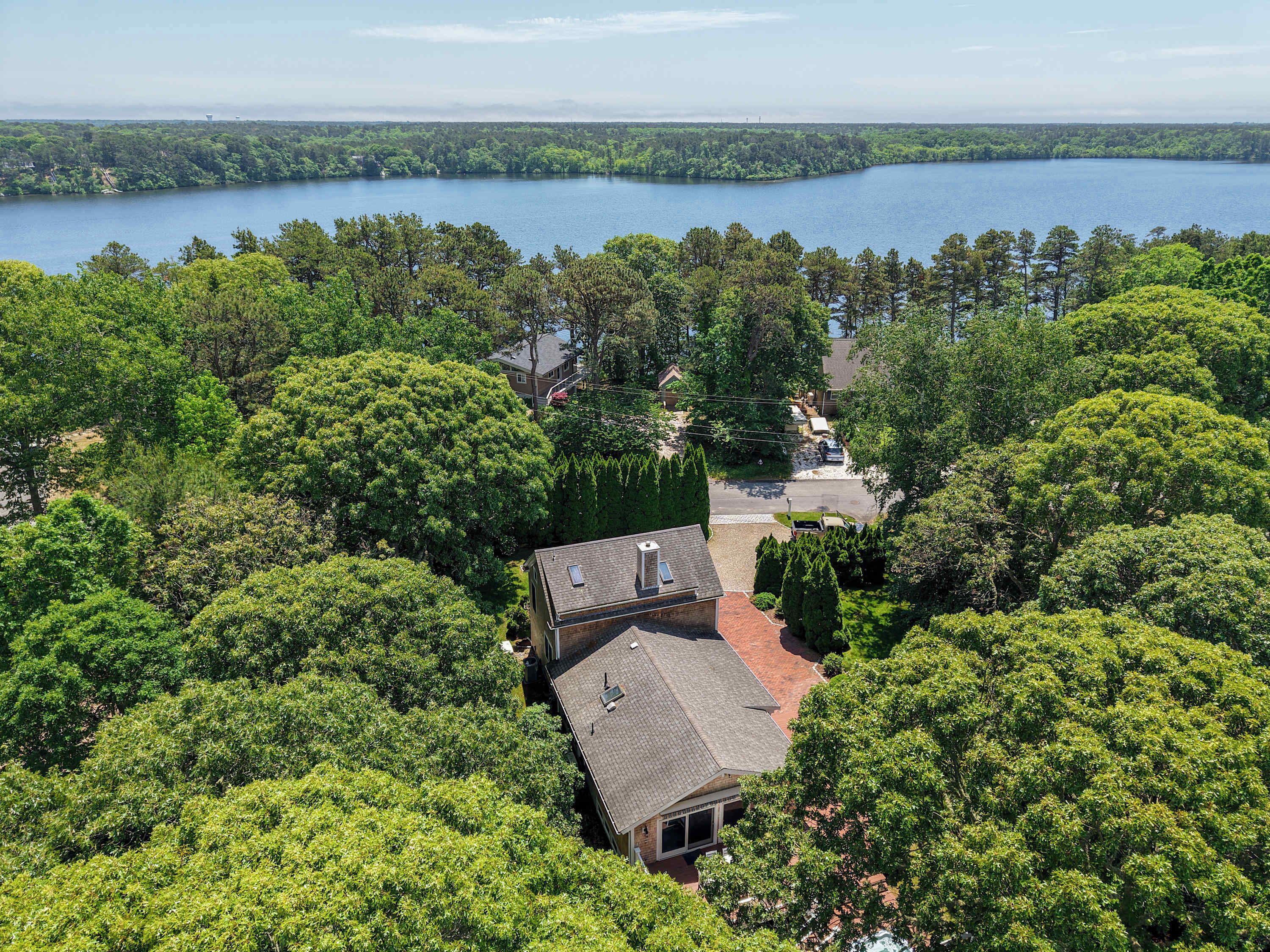 A residential area with a house surrounded by dense trees, a driveway, and a large body of water in the background.