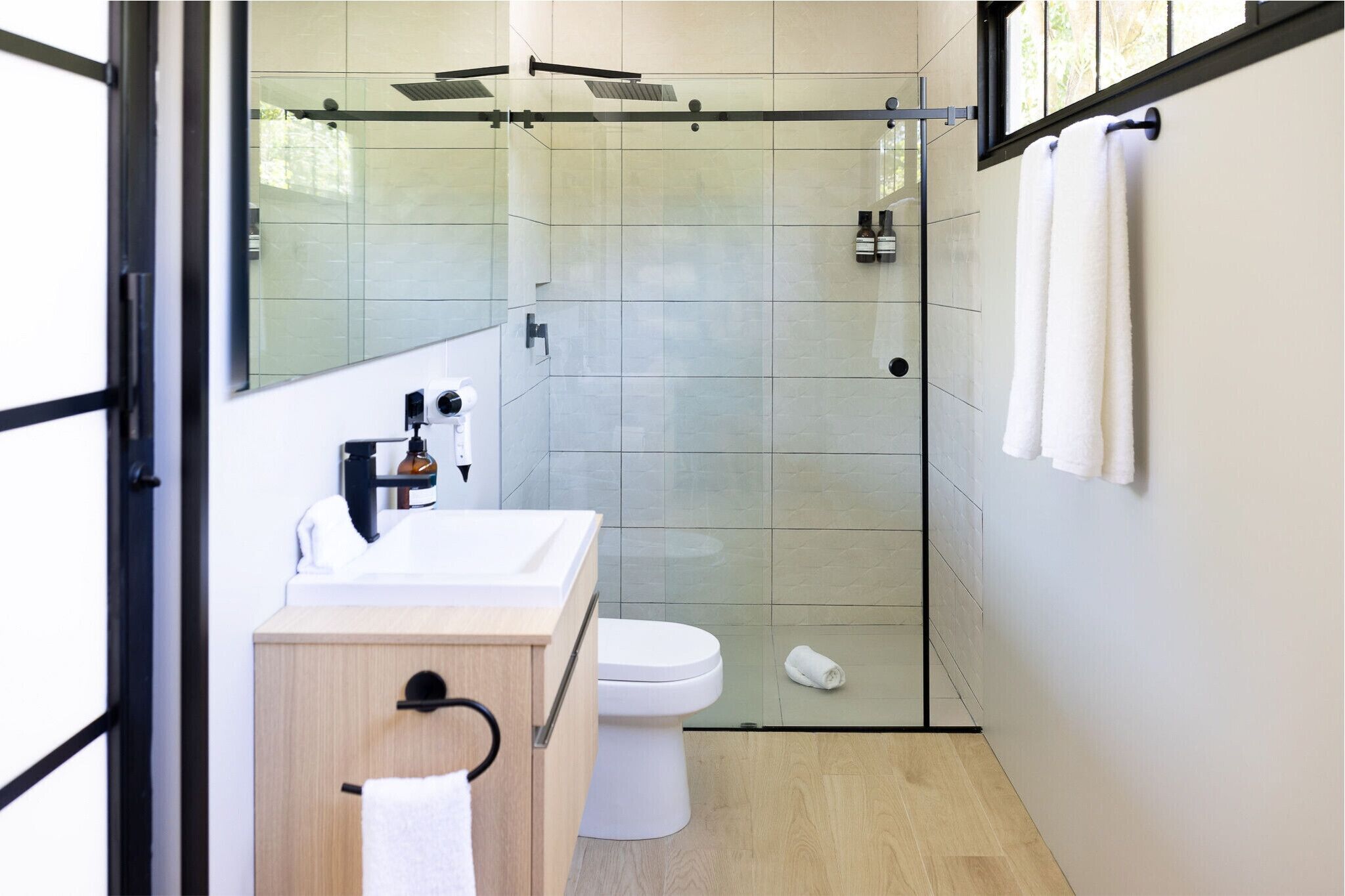 Shower, hair dryer, towels