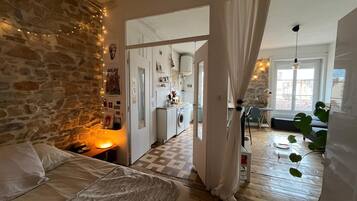 1 slaapkamer, een strijkplank/strijkijzer, wifi, beddengoed