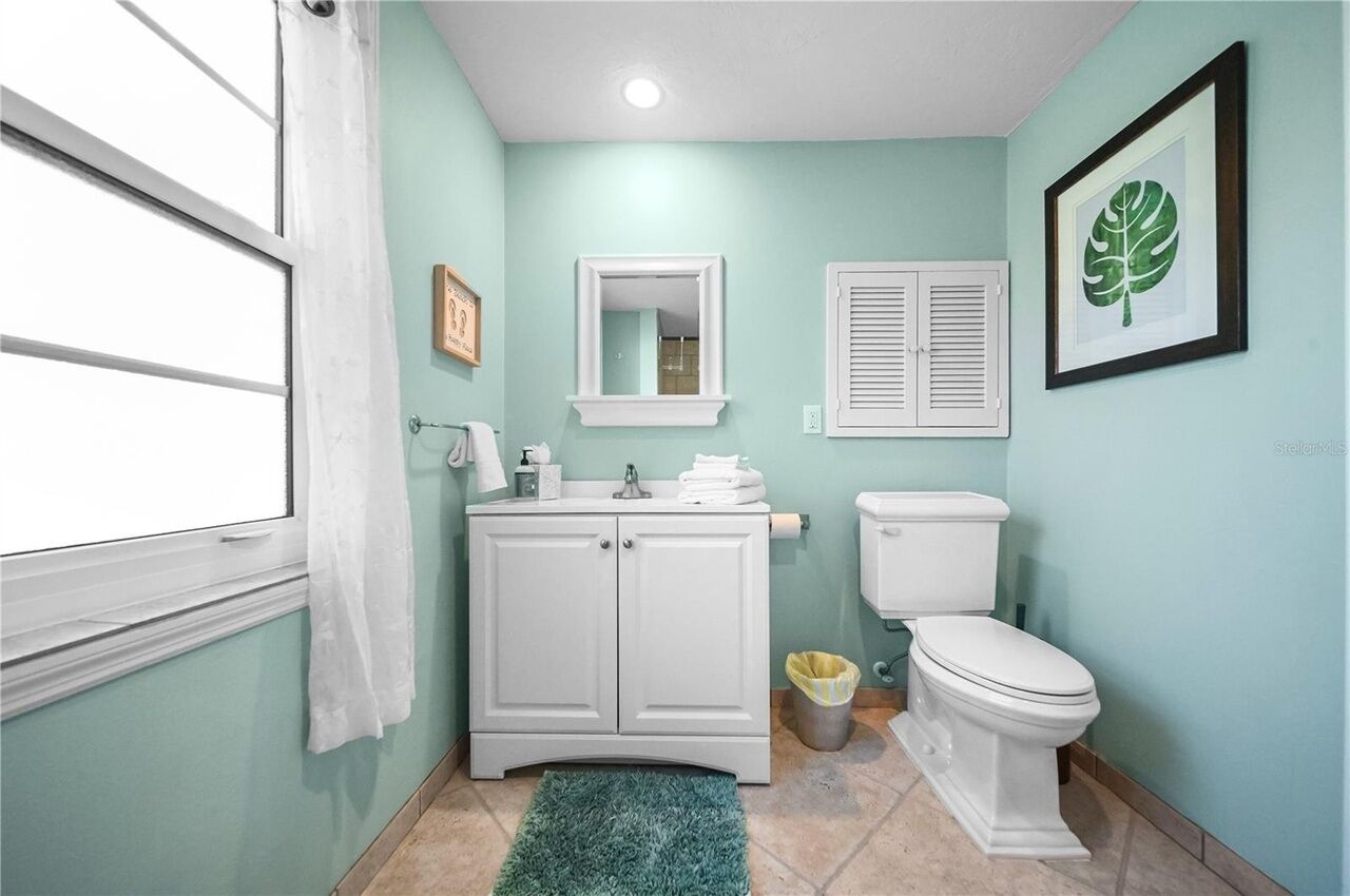 A bathroom with a white vanity, a toilet, a framed leaf artwork, and a window with a white curtain.