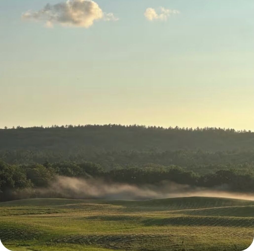 Eine flache Landschaft mit einem bewaldeten Hügel im Hintergrund und einem nebelverhangenen Feld im Vordergrund.