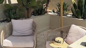 Eine Terrassenfläche mit zwei Korbstühlen, einer großen Sukkulente und einer Topfpflanze.