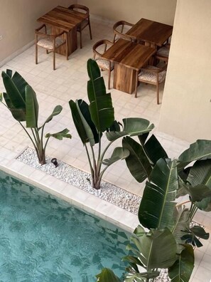 A pool area with a wooden table and chairs, surrounded by large green plants. - Riad A l'Ombre du Palais (Marrakech)