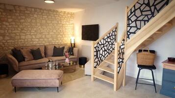 TV connectée, cheminée, table de tennis de table, livres