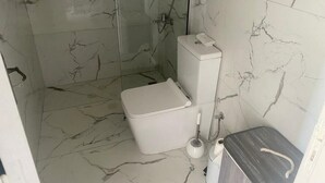 A bathroom with a toilet, a shower, and a bidet. - A family orientated  home to make memories, on the sun soaked island of Cyprus (Tala)