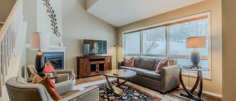 Télévision, cheminée, espaces bureaux