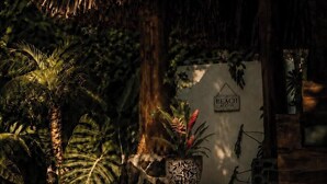 Zona de piscina con techo de paja, palmeras y un letrero que indica acceso a la playa.