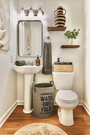 Hair dryer, towels, soap, toilet paper