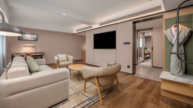 A modern hotel room with a sofa, armchair, TV, and a mirror. - Hilton Garden Inn Shenzhen Luohu Port (Shenzhen)