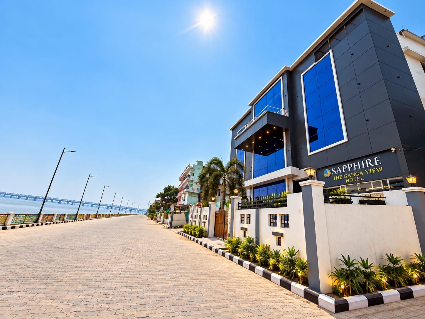 A hotel named Sapphire with a modern design, located near a waterfront.