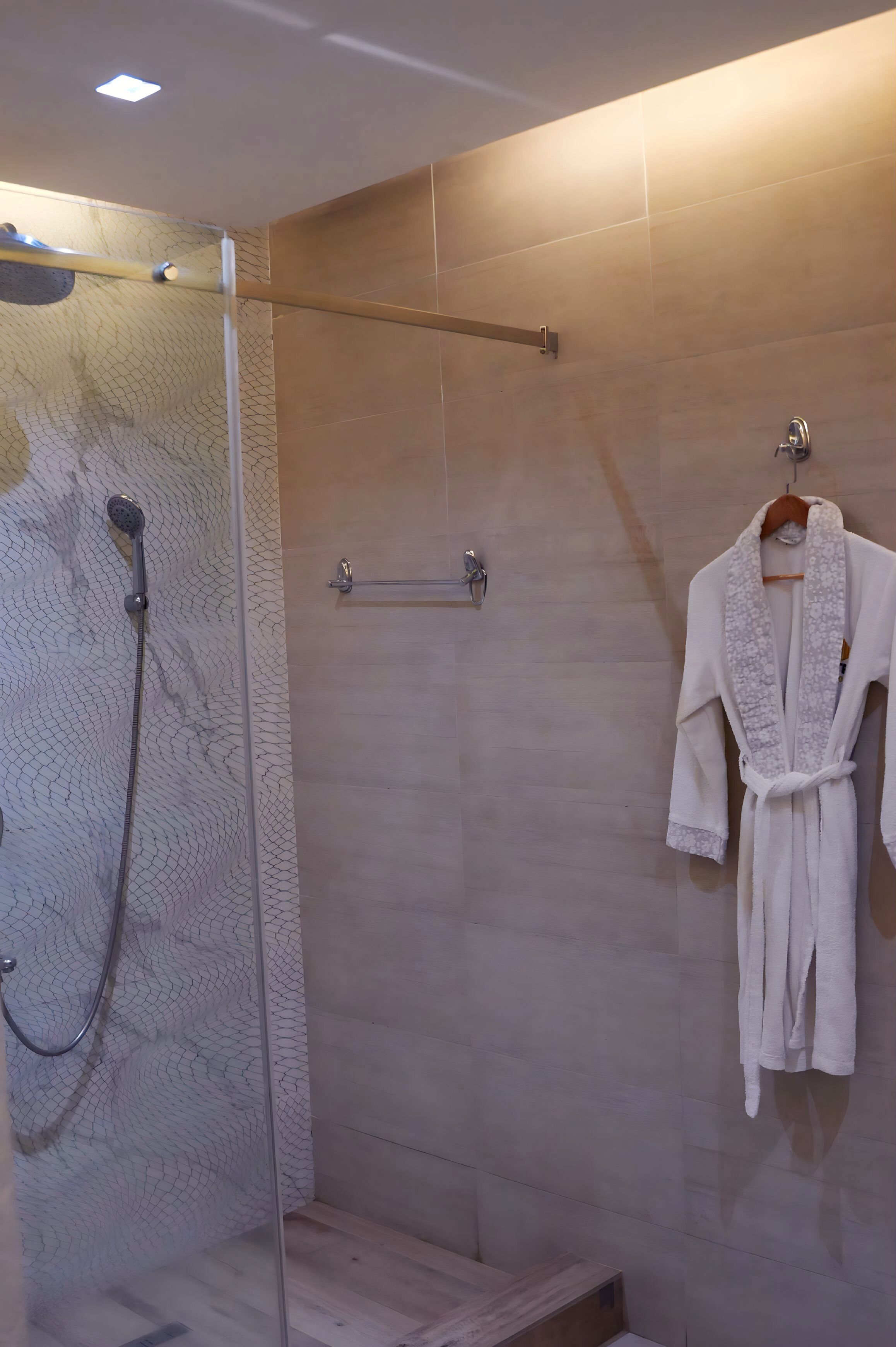 Un espace douche doté d’une porte en verre, d’un porte-serviettes et d’un peignoir accroché au mur.