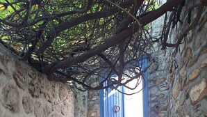 A stone staircase leading to a blue door with a tire hanging on it.