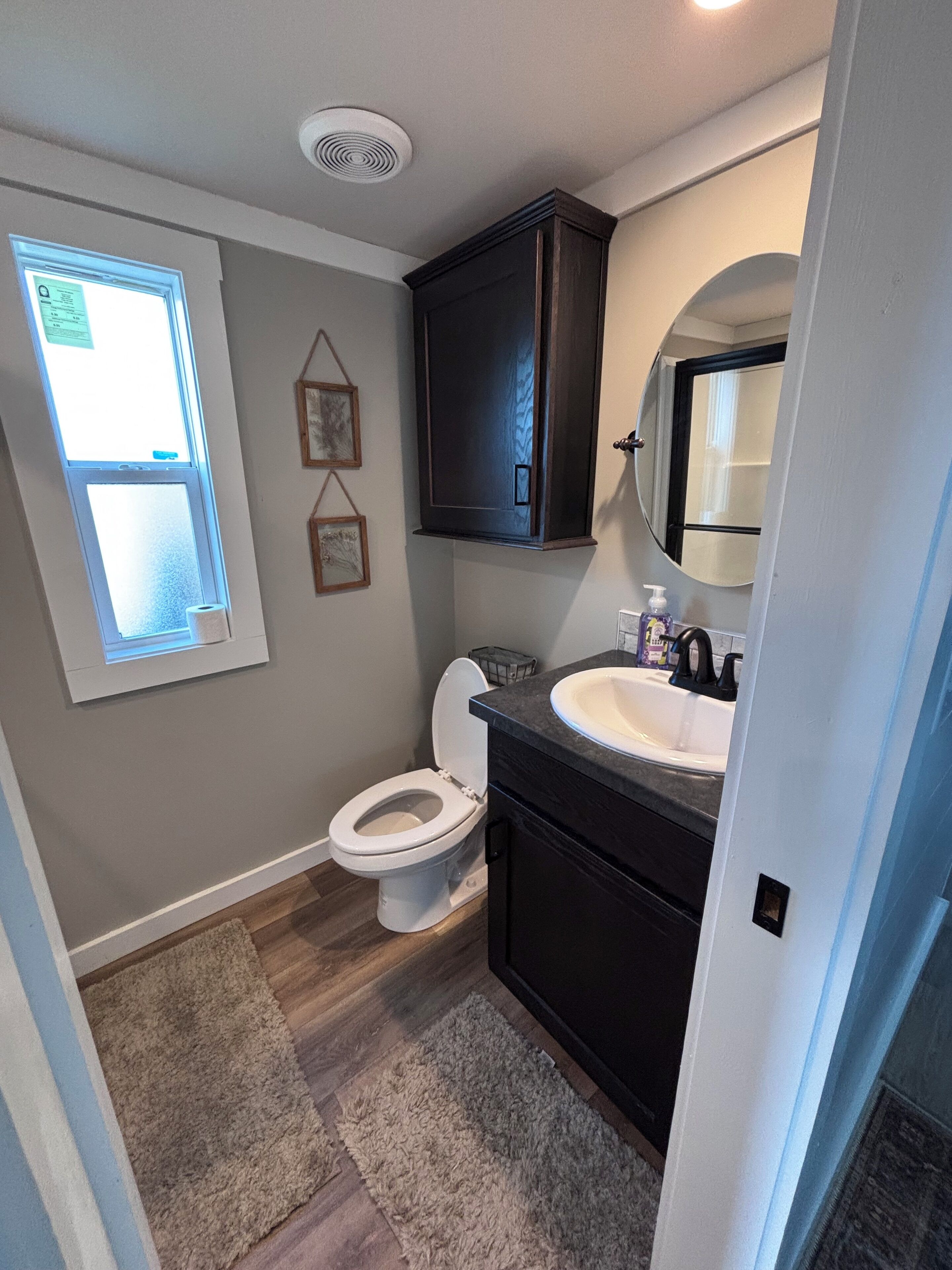Une salle de bain avec des toilettes, un lavabo, des meubles sombres, un miroir et une fenêtre.