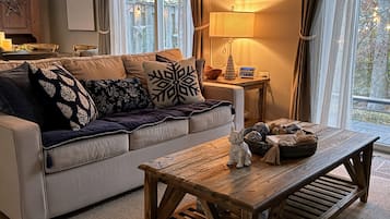 Smart-TV, Kamin, BĂŒcher, Stereoanlage