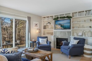 Smart-TV, Kamin, Bücher, Stereoanlage