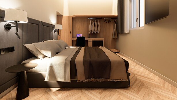 Ein modernes Hotelzimmer mit Bett, Nachttisch, Lampe, Fernseher und einem Holzschrank.
