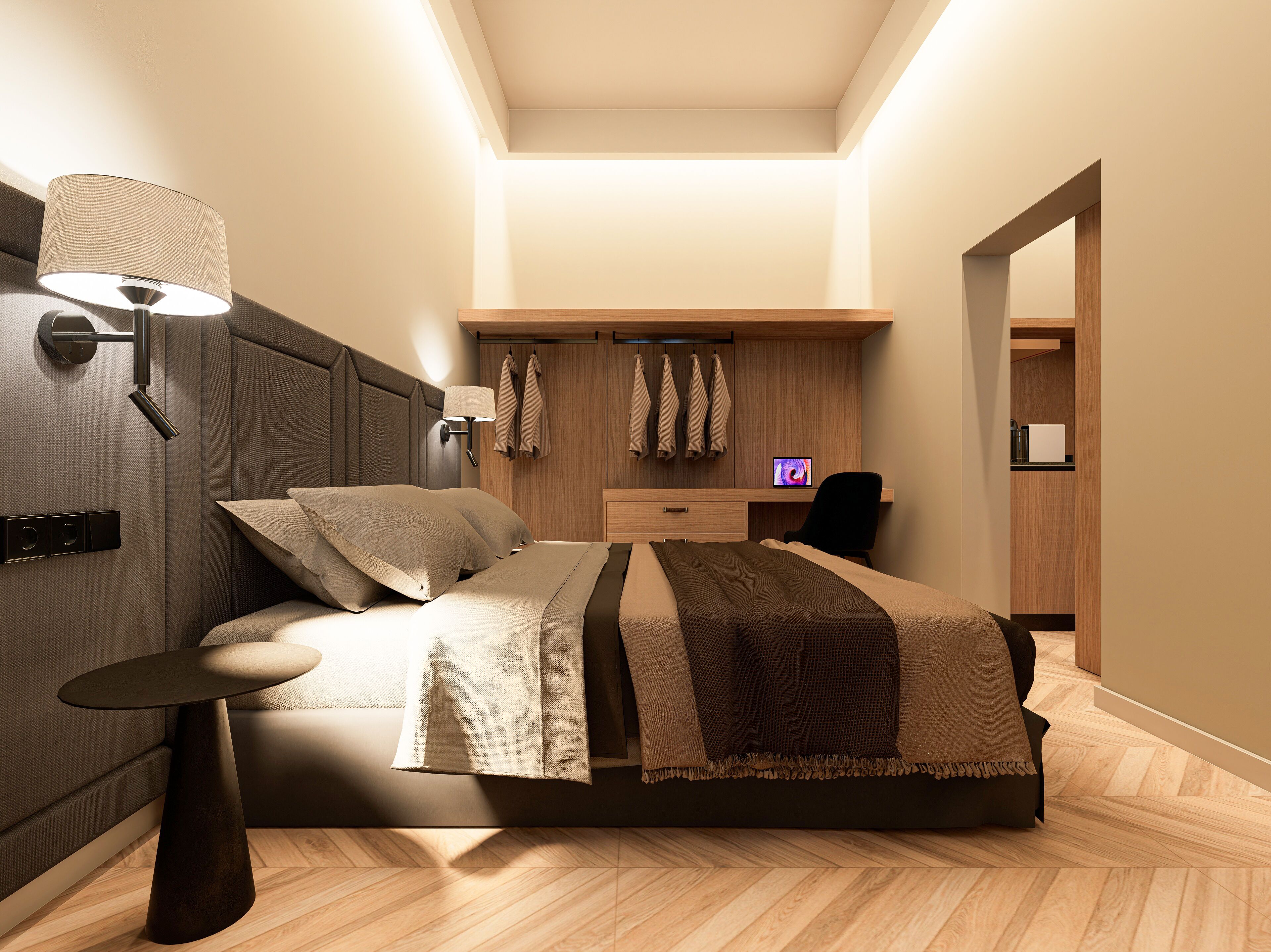 A modern hotel room with a bed, bedside table, lamp, and a TV on a wooden dresser.