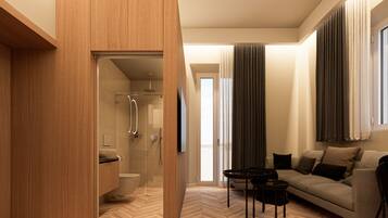 Deluxe-Doppelzimmer | Badezimmer | Dusche, Haartrockner, Hausschuhe, Handtücher