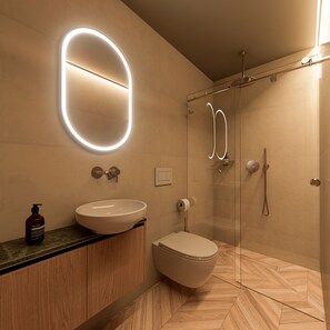 Superior Double Room | Bathroom | Shower, hair dryer, slippers, towels - Essence 55 Living (Rhodes)