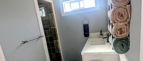 Douche, séchoir à cheveux, serviettes fournies, savon