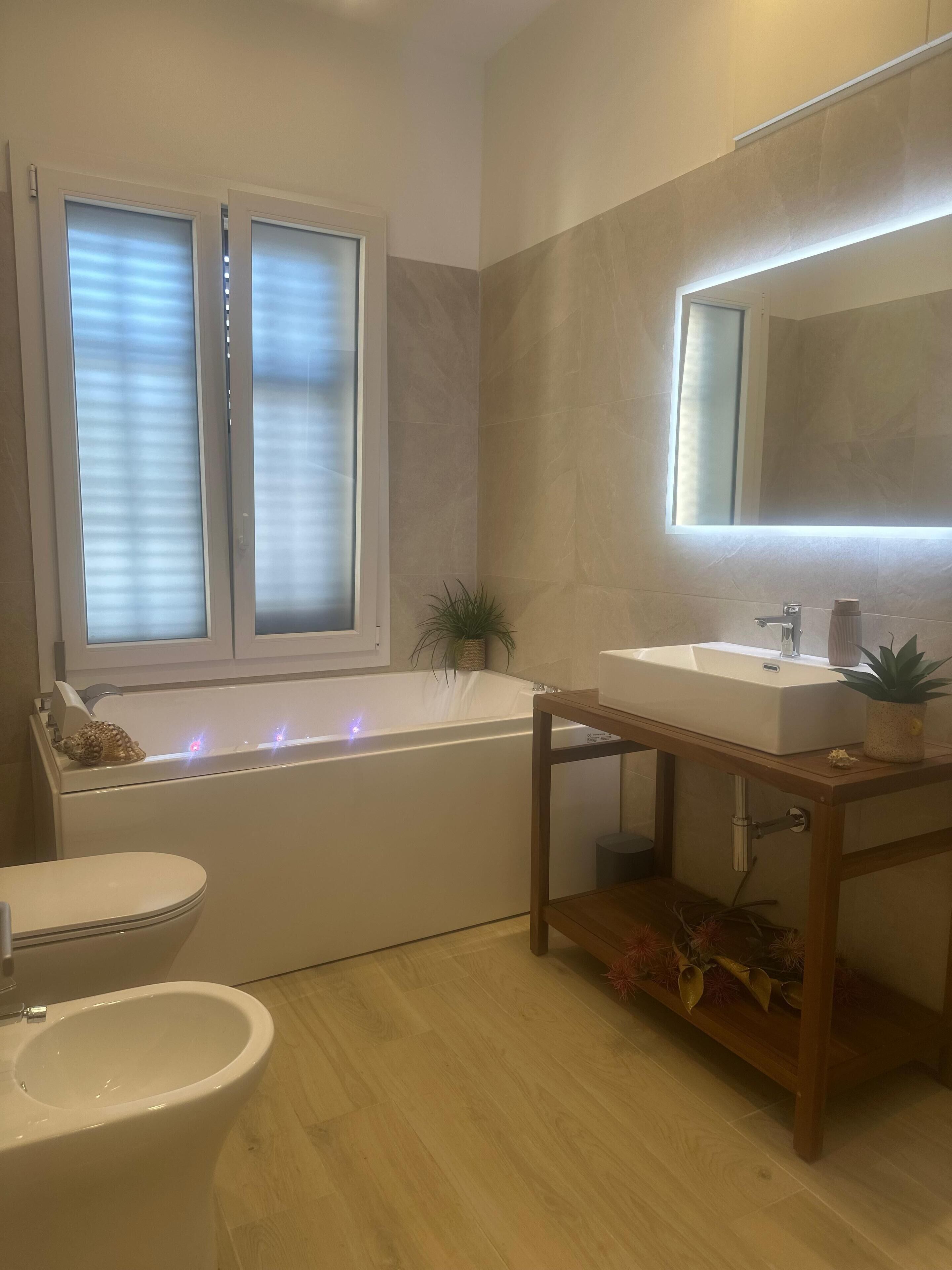 Douche, séchoir à cheveux, bidet, serviettes fournies